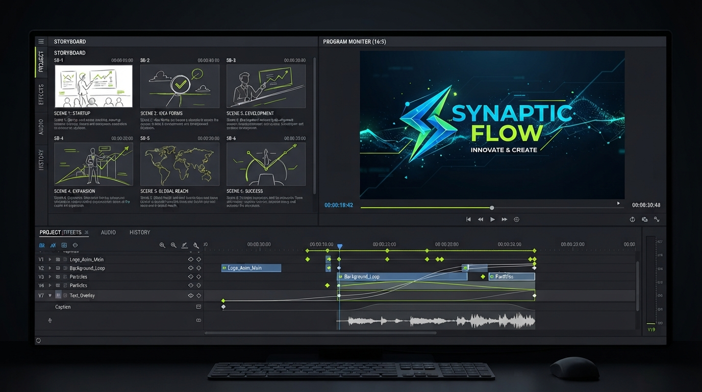 Dark Motionbox timeline showing generated video clips, a caption track, and keyframe diamonds on an easing curve