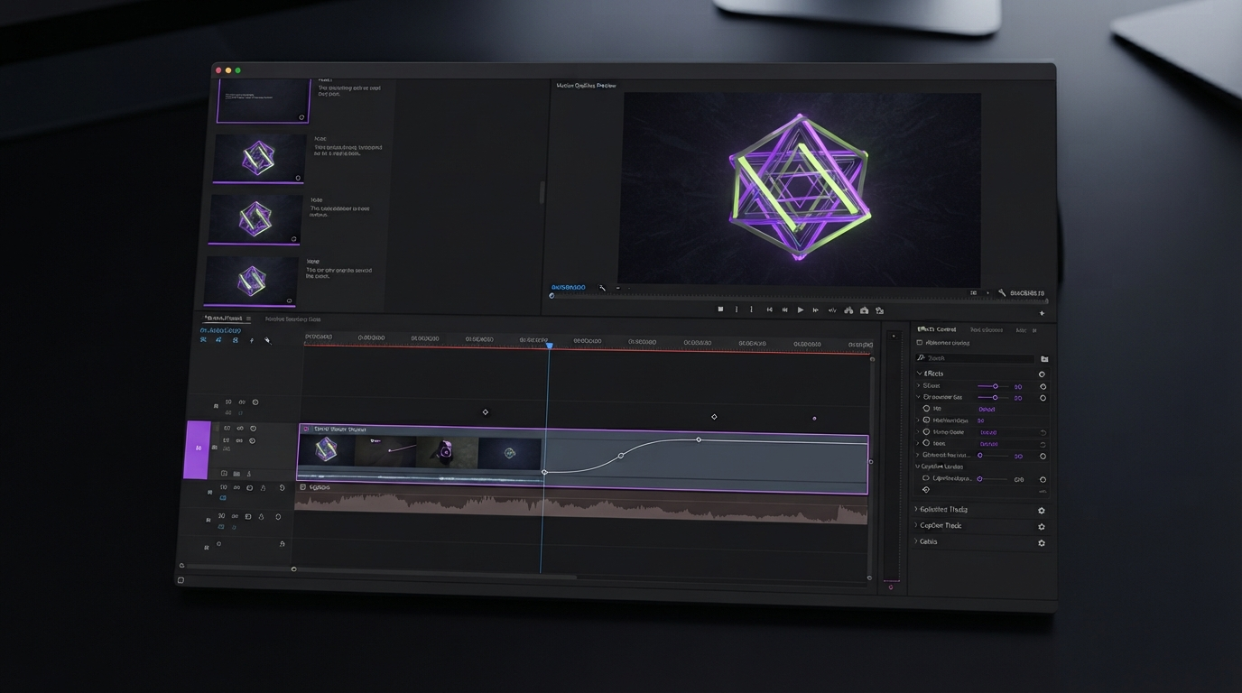 Editor timeline with layered clips, a waveform track, and trim handles set against a dark interface