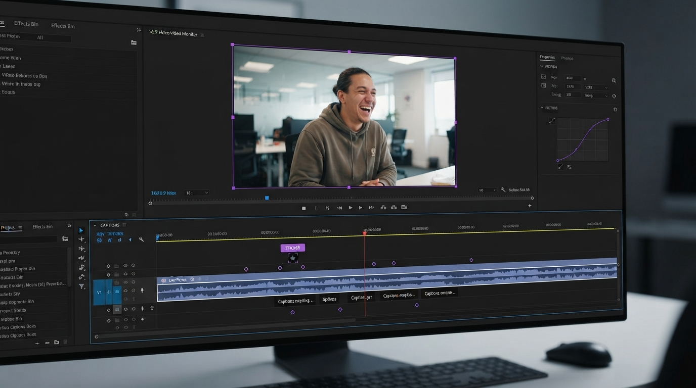 Dark video editor timeline showing prepared still image layers with keyframe diamonds and an easing curve