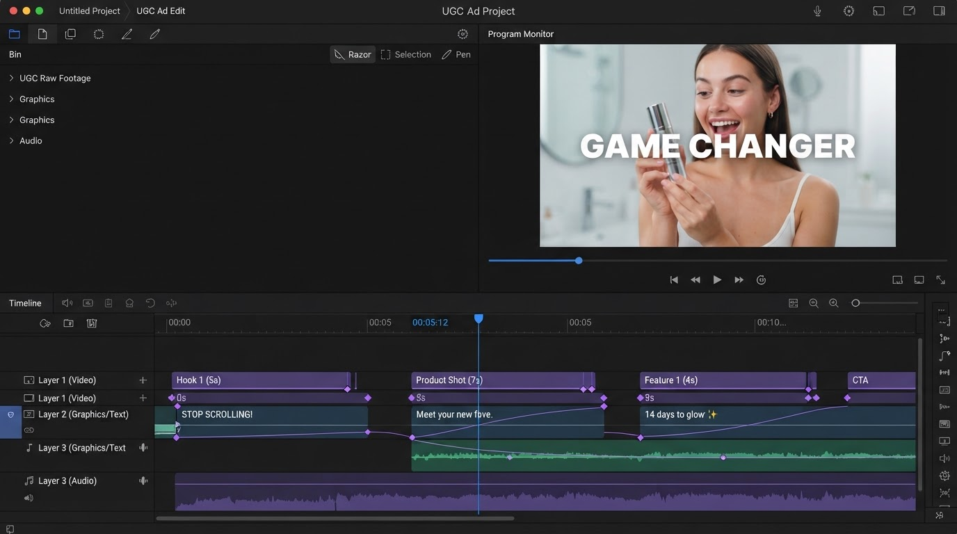 Dark video editor timeline with a transcript panel, caption track, and keyframe diamonds on an accent colored layer