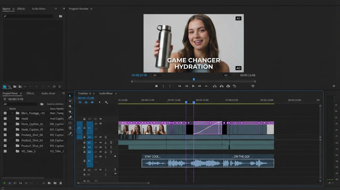 Editor timeline showing generated clips and camera footage on the same track with easing curves visible