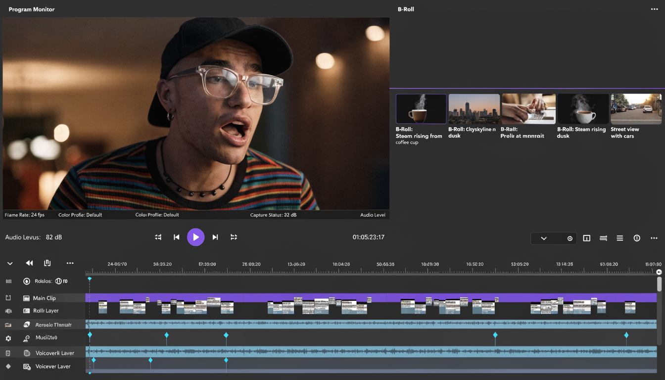 Dark video editor timeline showing several clips joined end to end with keyframe markers and an easing curve