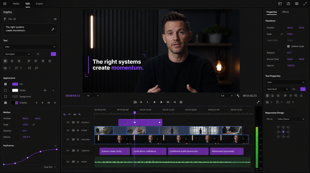 Timeline close-up showing two clips meeting at a crossfade with a waveform track and keyframe diamonds