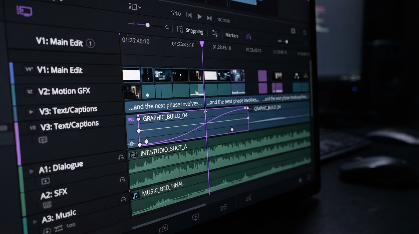 Close crop of an editing timeline with main edit, motion graphics, caption and audio tracks, keyframes and an easing curve on the graphic build
