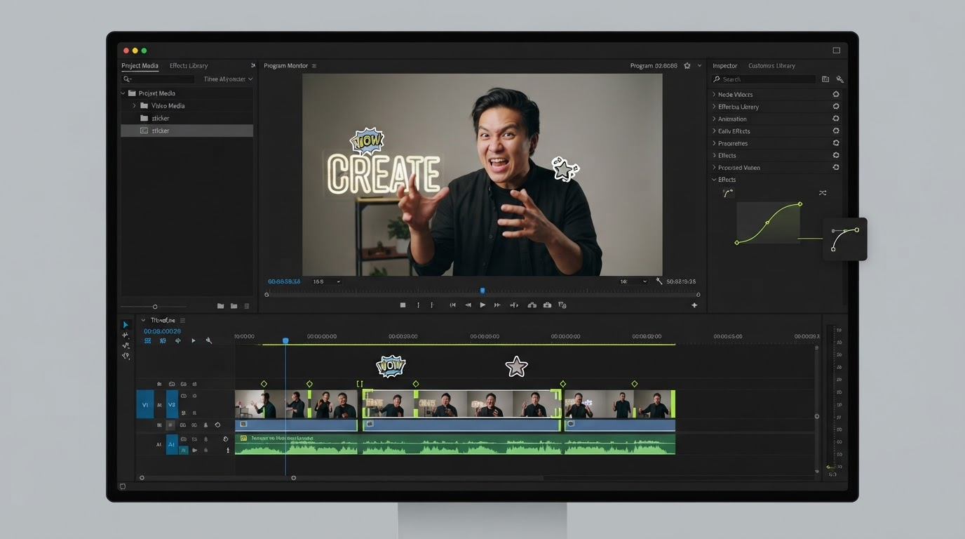Dark video editor timeline showing a rough cut with caption layers, keyframe diamonds and an easing curve on the accent track