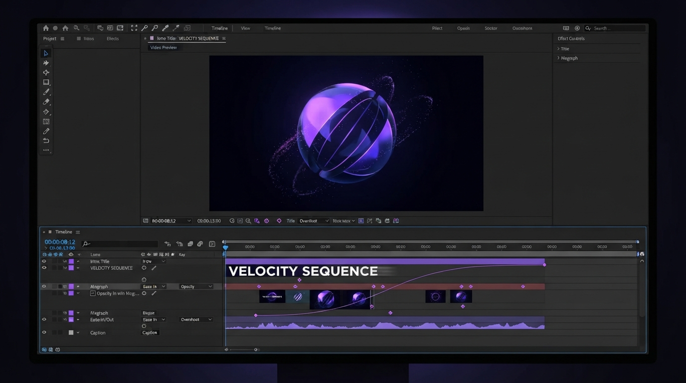 Dark video editor timeline showing a batch of clip variants queued for render with keyframe markers and an easing curve