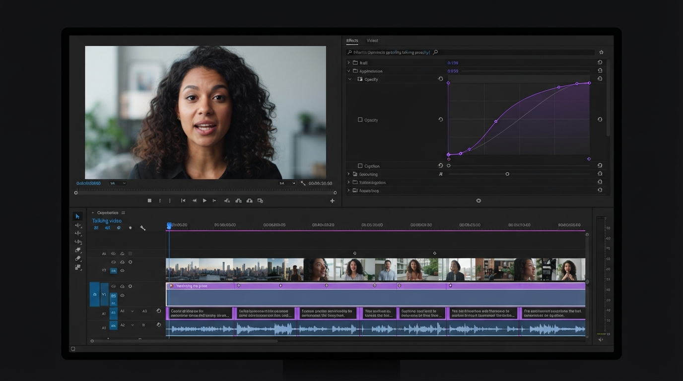 Dark video editor timeline showing a caption track, keyframe diamonds, and an easing curve for an agent generated composition