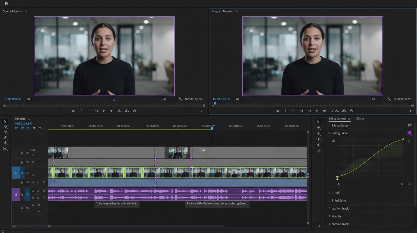 Timeline with stacked layers, trim handles, and keyframe markers for a batch of short video variants