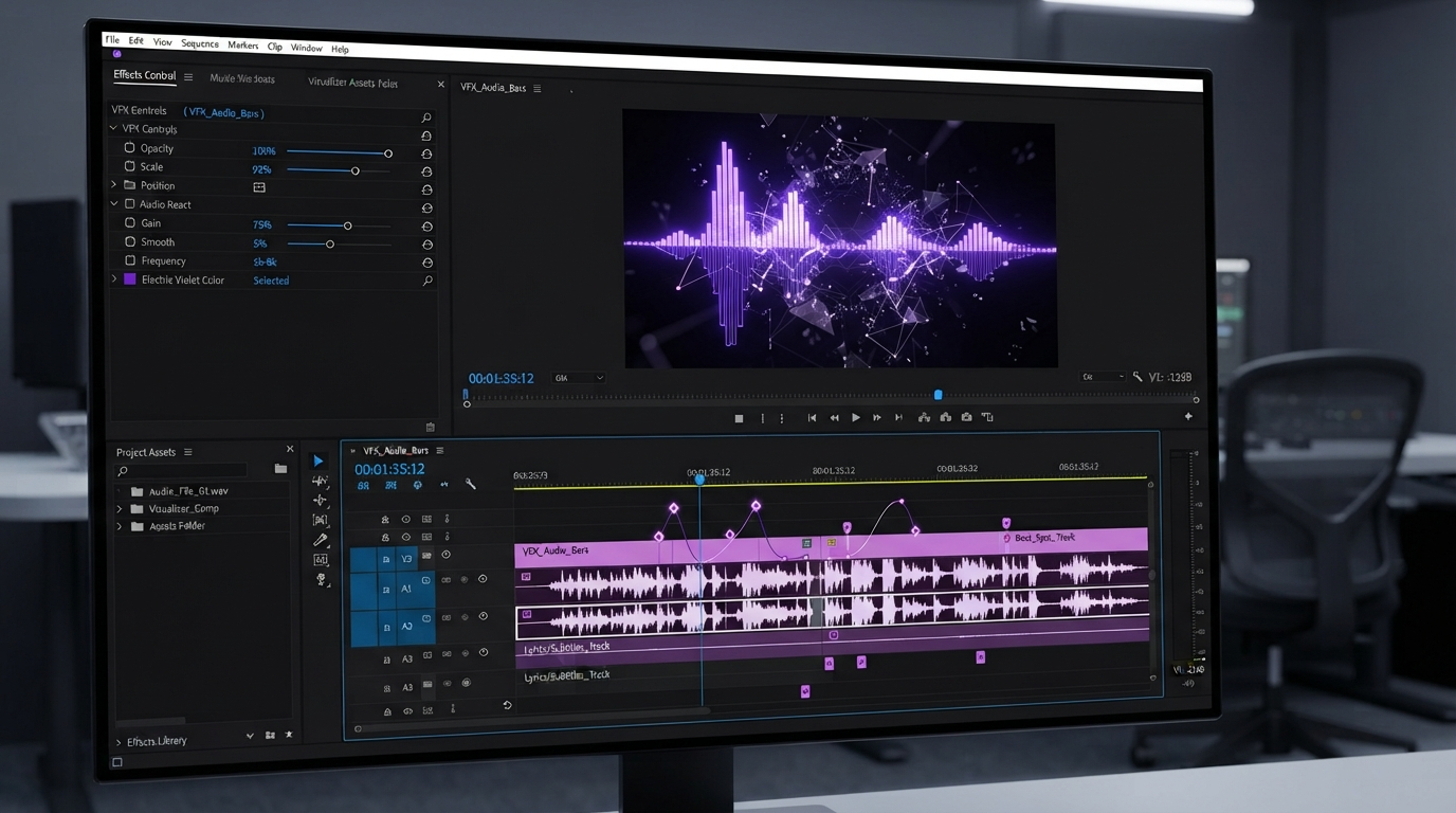 Dark video editor timeline with keyframe diamonds, an easing curve, and stacked waveform tracks under a preview window
