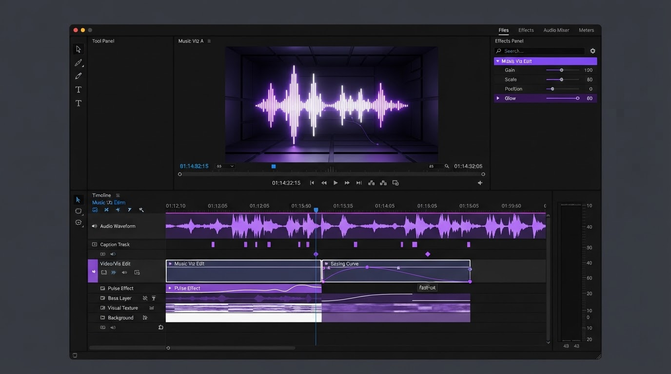 Editor timeline showing a caption track, layered effect tracks, and an easing curve handle on a clip