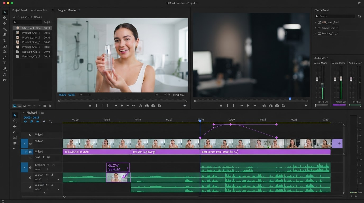 Dark editor timeline with keyframe diamonds and an easing curve above an upscaled clip track