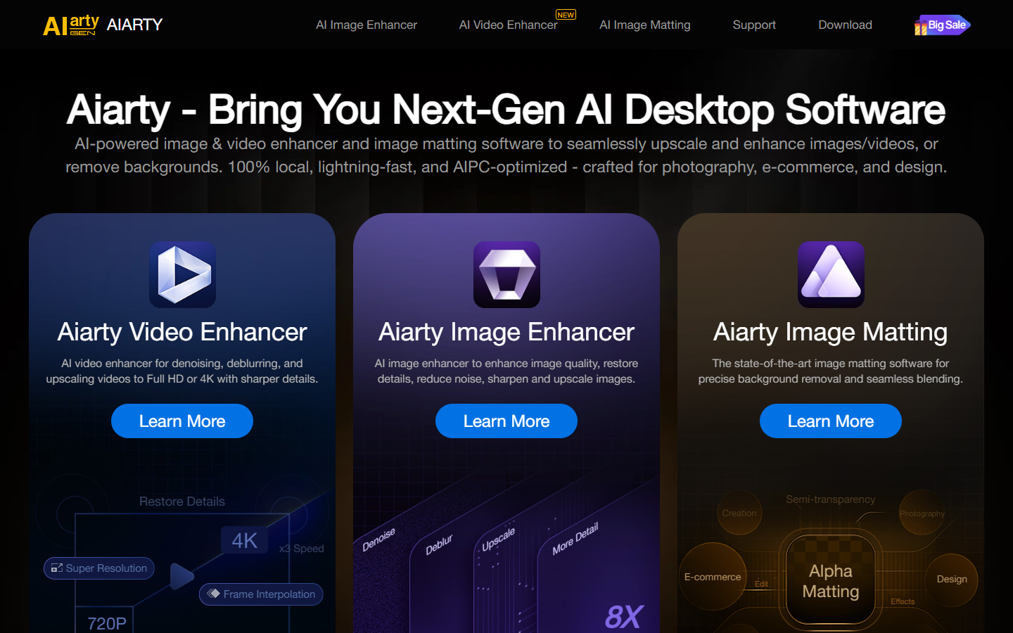 Aiarty homepage showing its AI video enhancer, image enhancer, and matting products