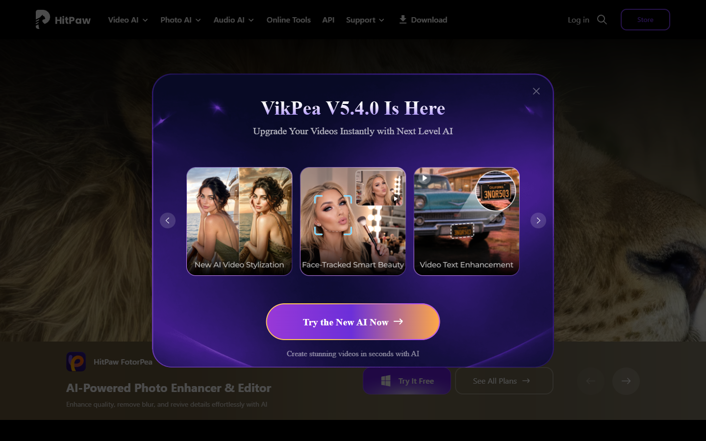 HitPaw homepage showing VikPea AI video enhancement features