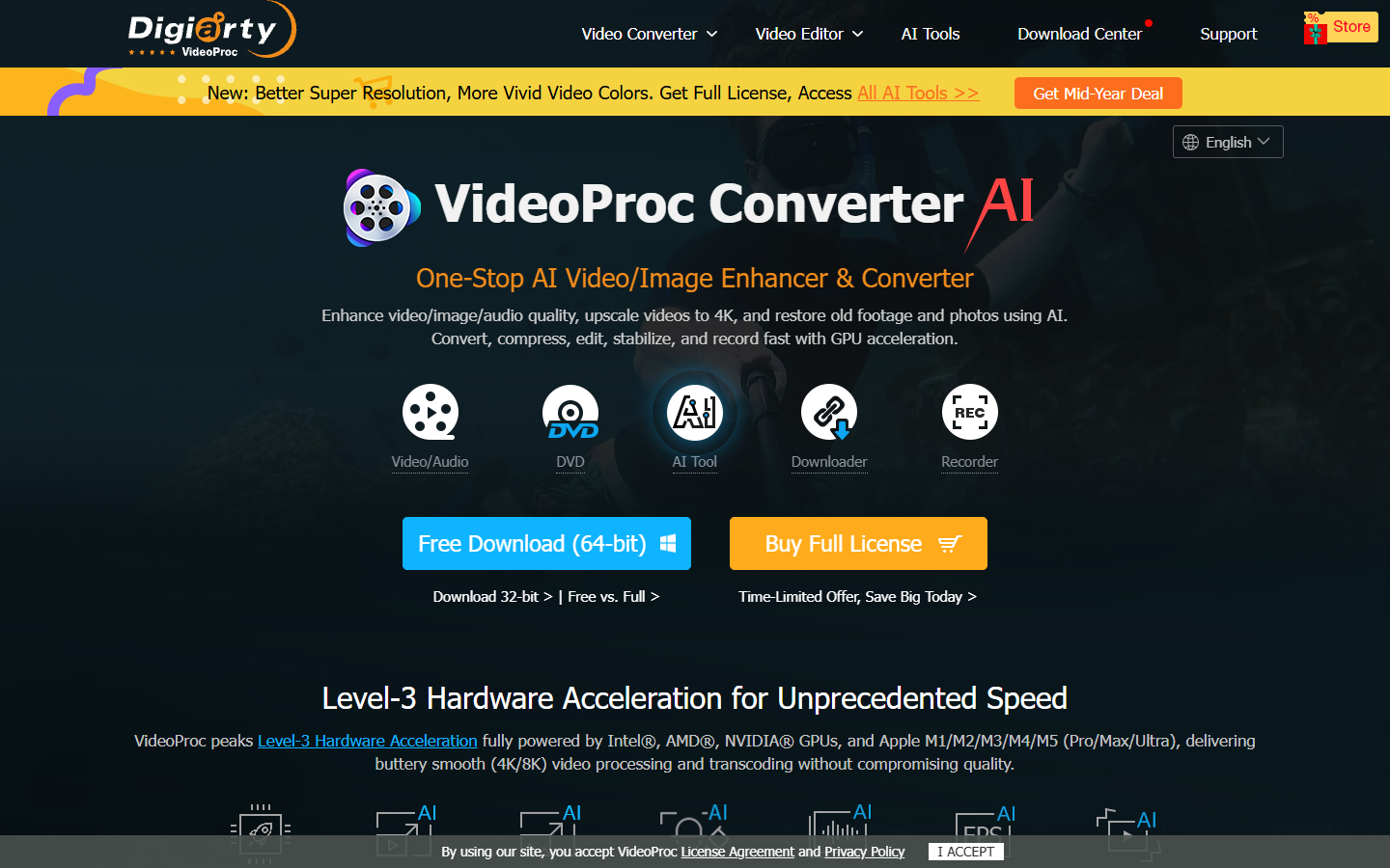 VideoProc Converter AI homepage showing its upscaling and conversion tools