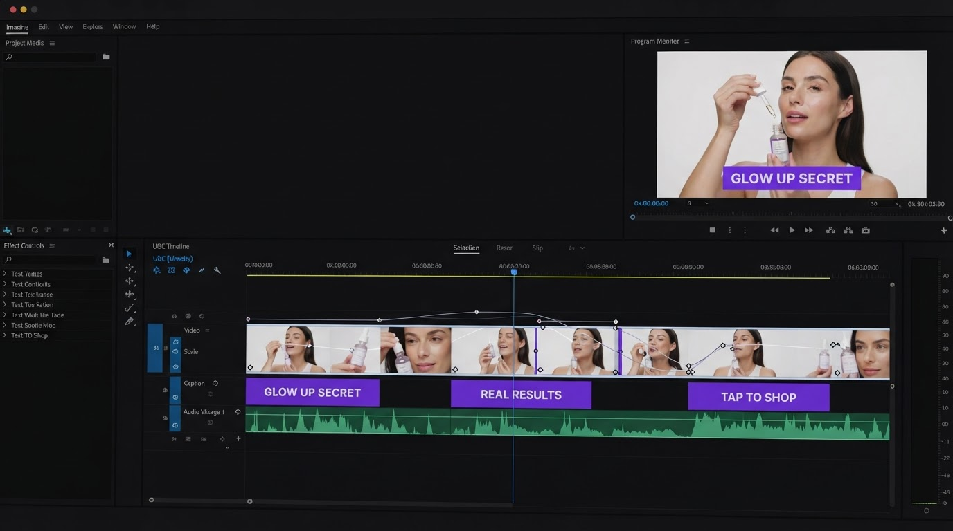 Motionbox timeline with caption blocks and keyframed scale on an upscaled product clip