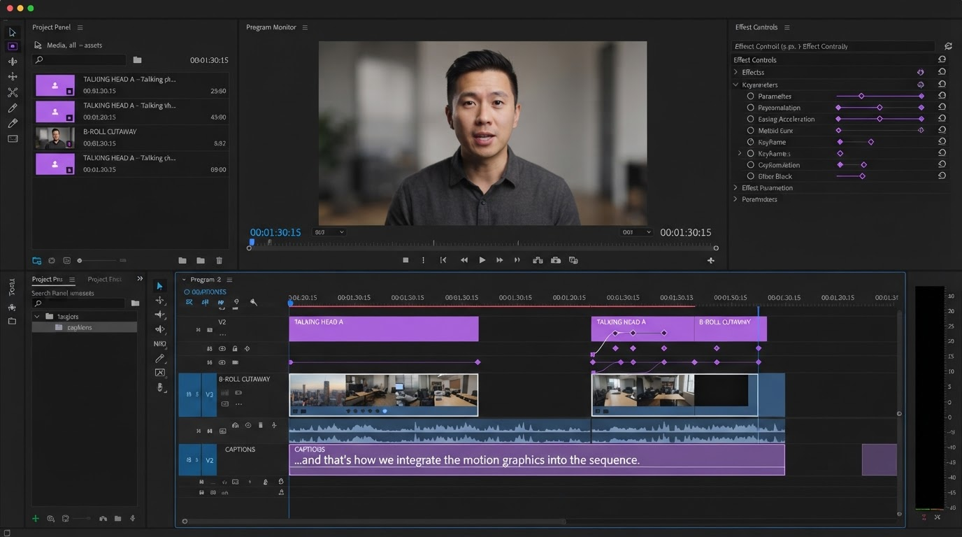 Dark video editor timeline showing one master ad with variant hook layers stacked above the base clips