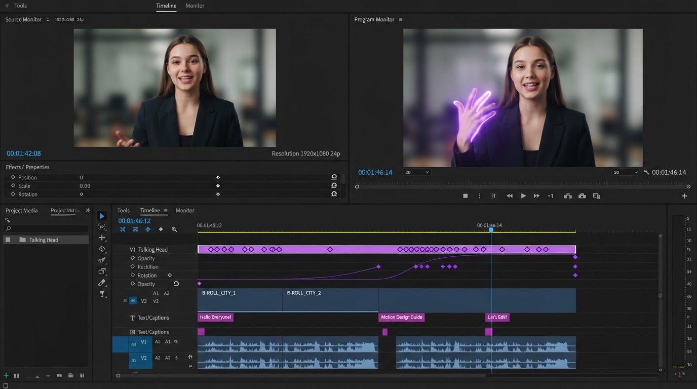 Caption track and keyframe markers isolated above a locked product footage layer in a dark editing timeline