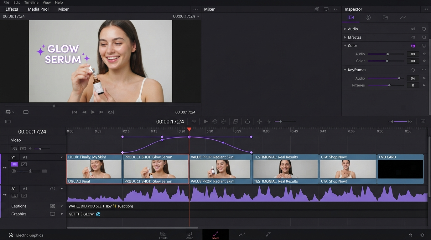 Dark video editor timeline showing an agent generated edit decision list with keyframe diamonds and a caption track