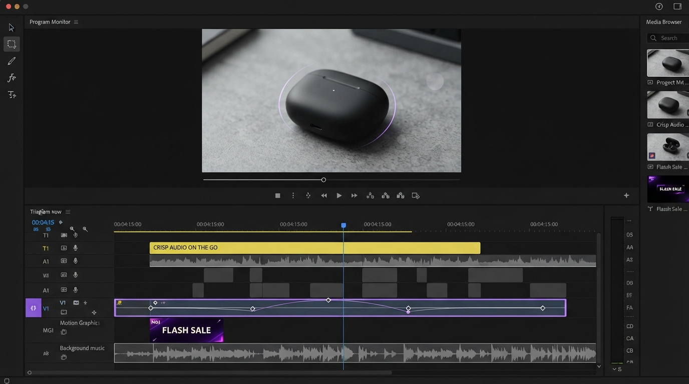 Editor timeline with generated B roll clips layered above a talking head track and an easing curve panel open