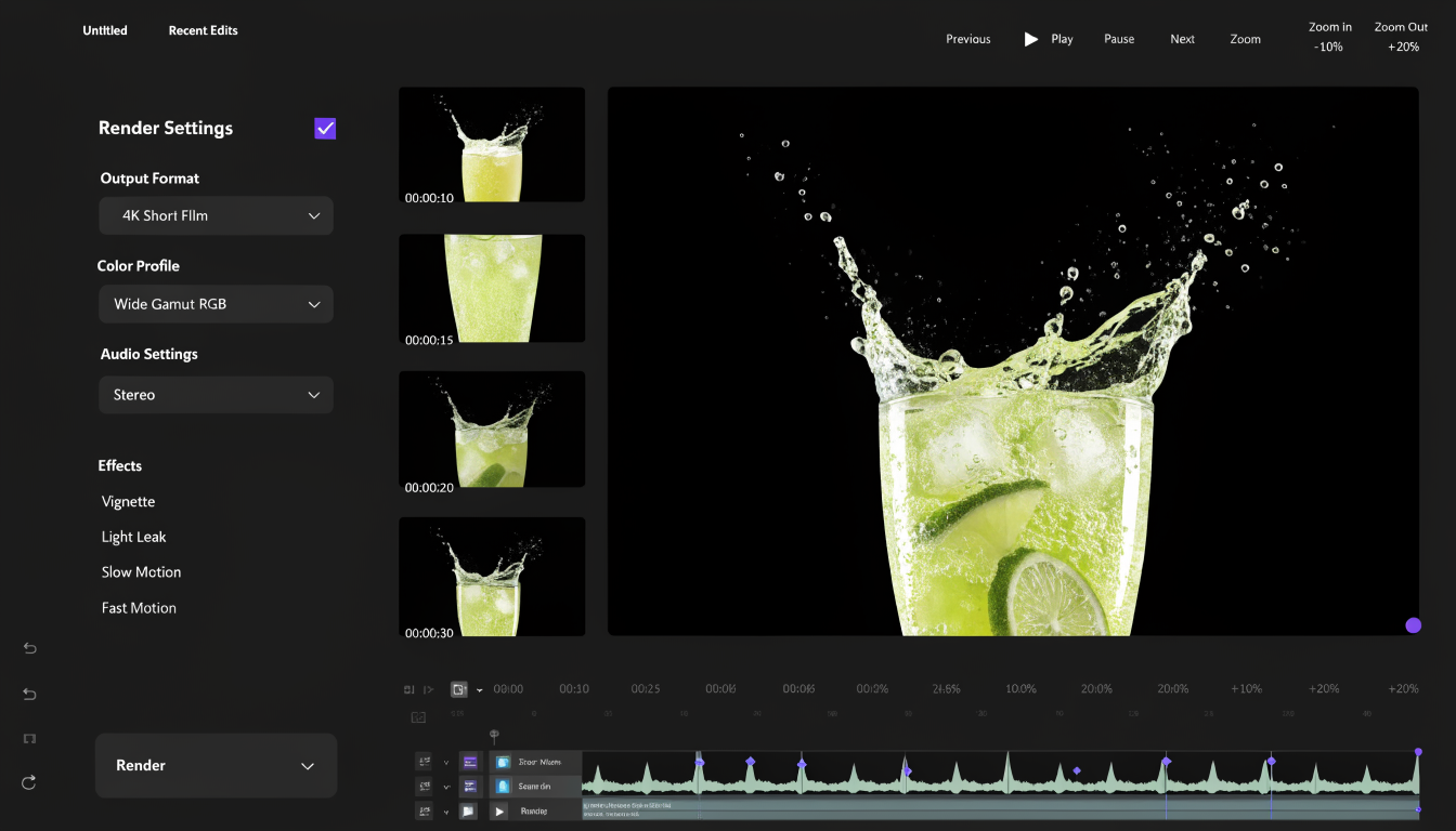 Dark video editor timeline with clips, a caption track, and keyframe markers representing a programmatic video assembly pipeline