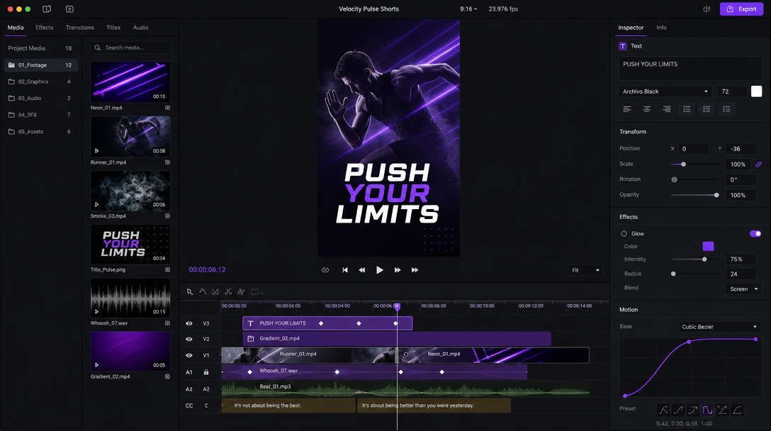 A stacked track view with a base video clip, a caption layer, and an audio waveform lined up on a timeline