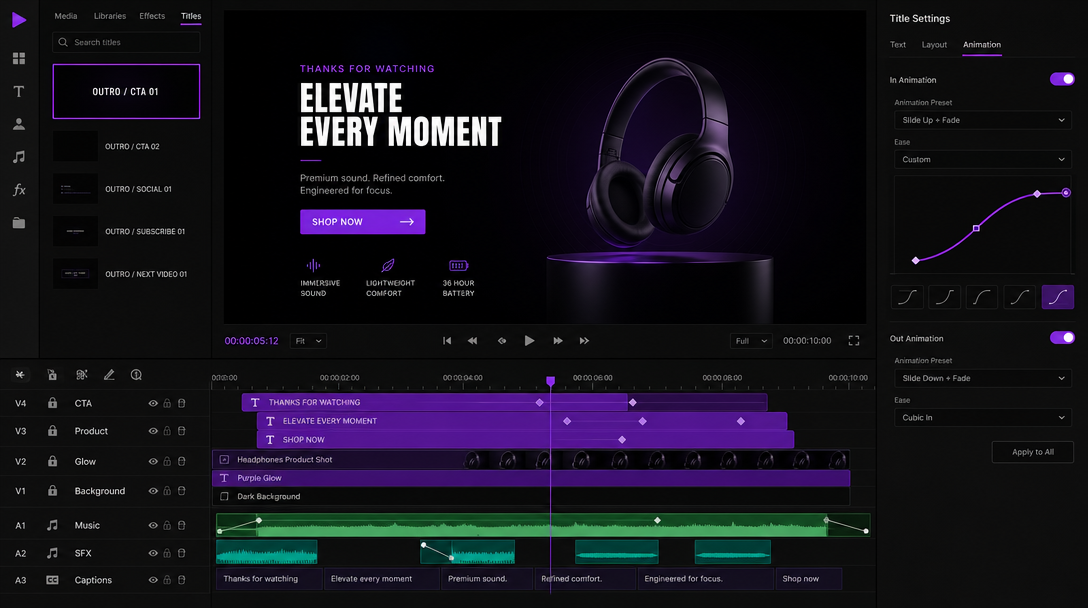 Motionbox timeline showing batched clip variants with caption layers and keyframe markers for automated video renders