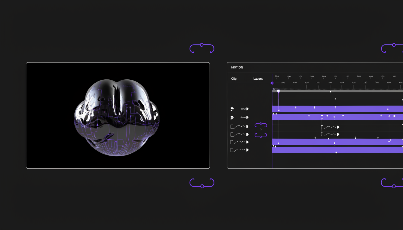 Dark video editor timeline with caption layers, keyframe diamonds, and an easing curve for an agentic edit