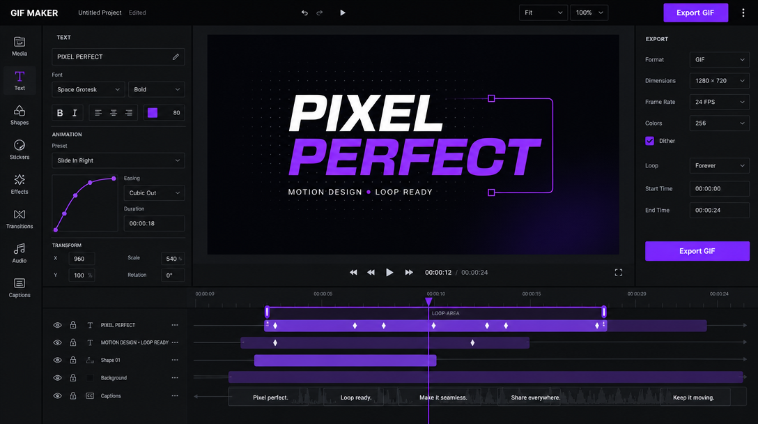 Motion graphics editor showing a product clip, an animated caption block, and a keyframe track ready for review
