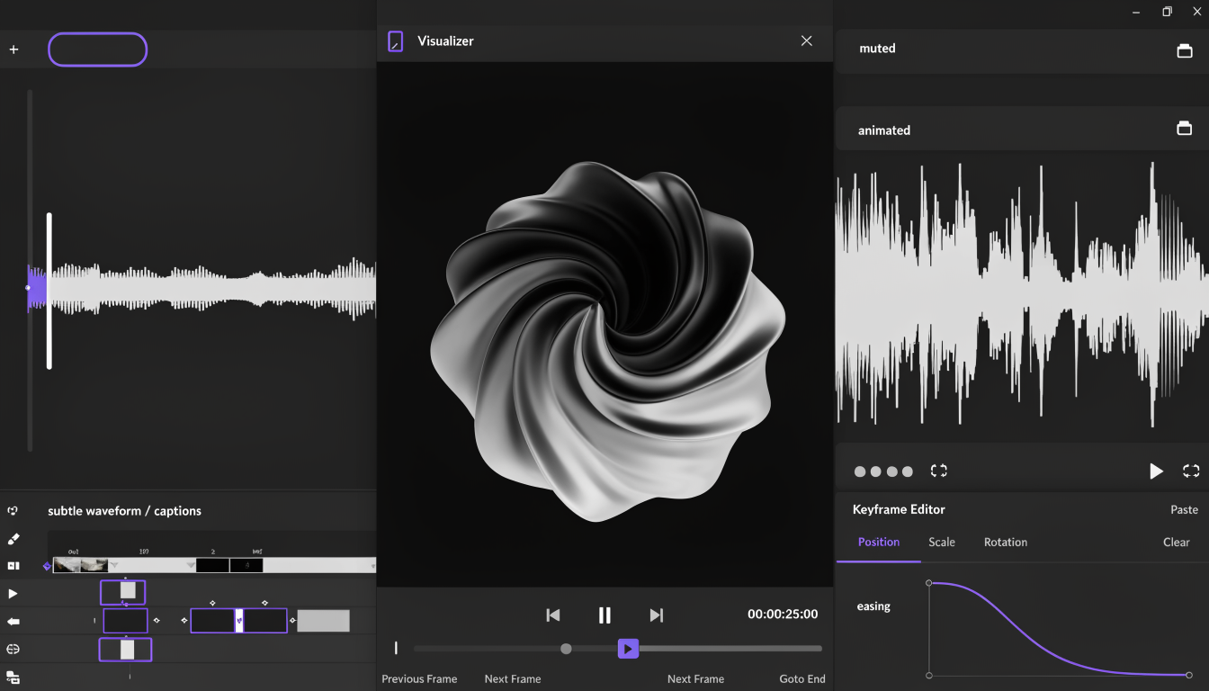 Dark video editor timeline showing generated clips arriving as tracks with keyframe markers and a render queue