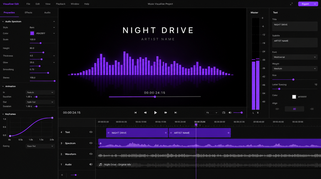 Editor timeline with generated clips on separate tracks, a caption layer, and easing curves on the transitions