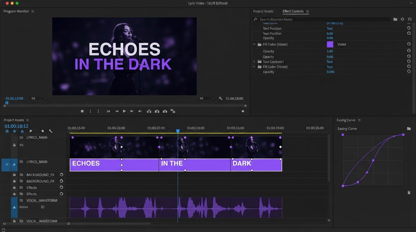 Dark video editor timeline with keyframe markers and an automated render queue panel